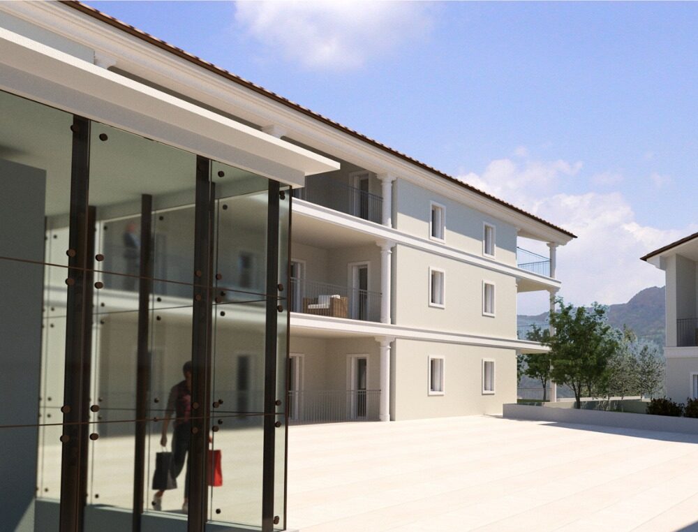 Ingresso moderno con vetrata e loggiato appartamenti I Portici Cornedo Vicentino