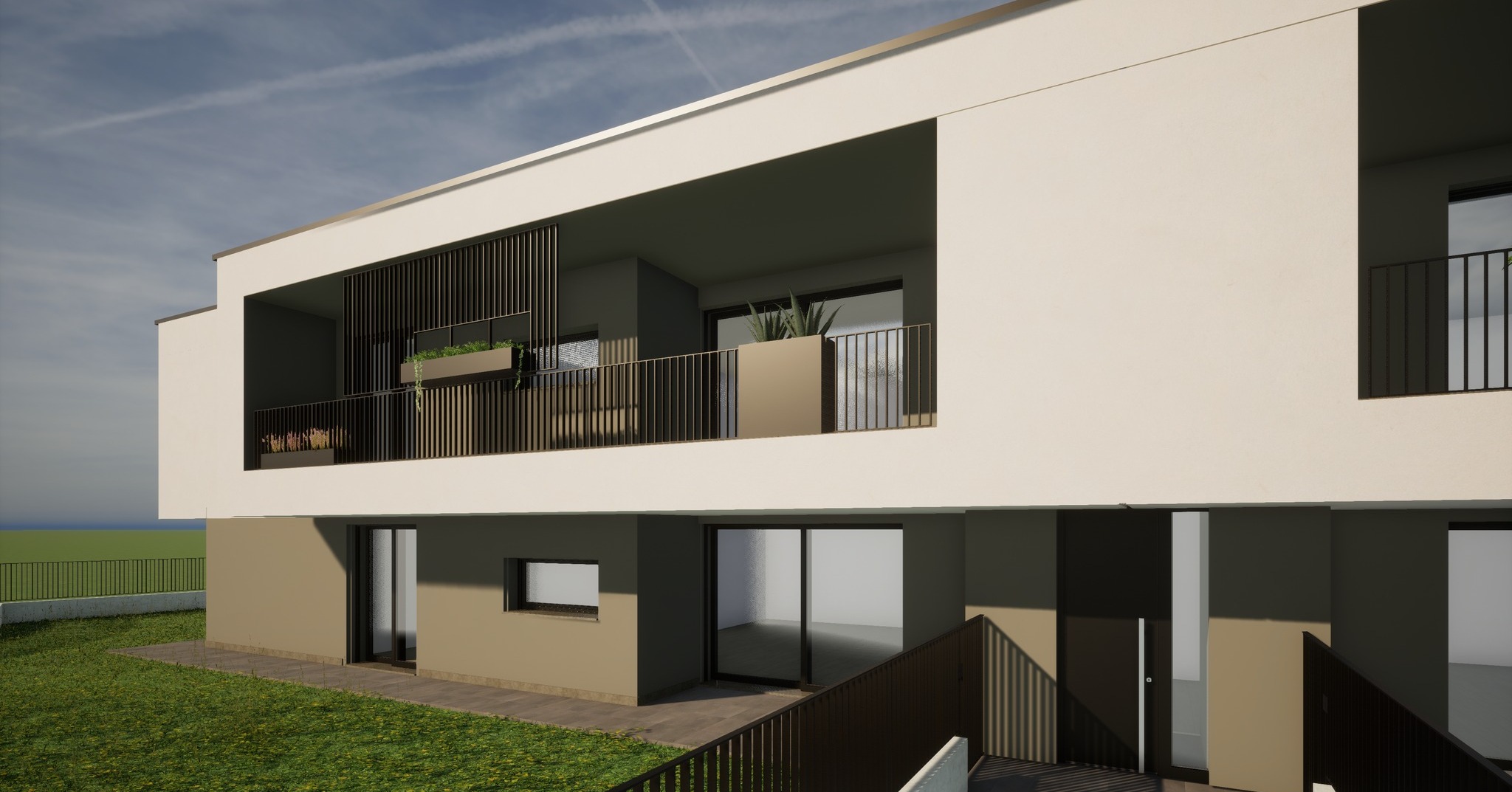 Dettaglio loggia e grandi vetrate uffici o appartamenti Green Luxury a Cavazzale Vicenza