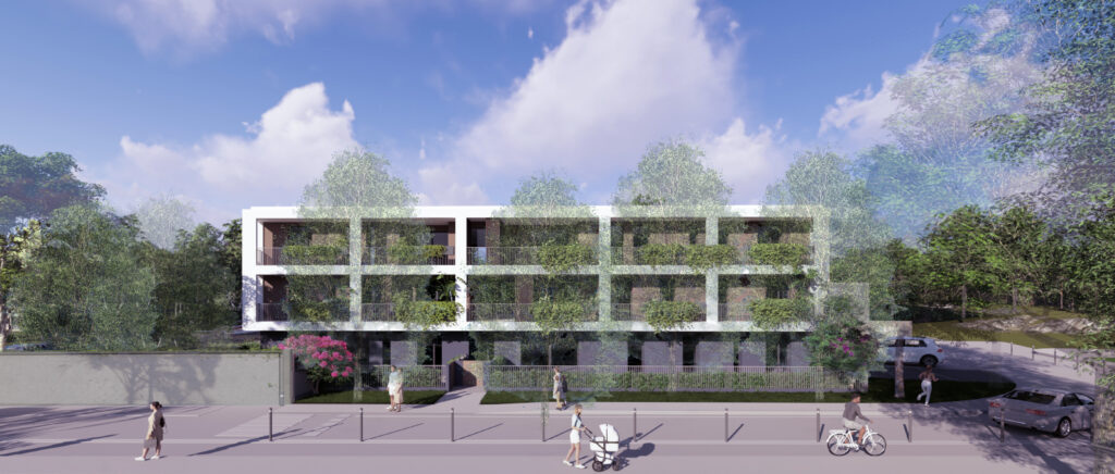 Prospetto frontale da strada del complesso residenziale Le Logge a Dueville