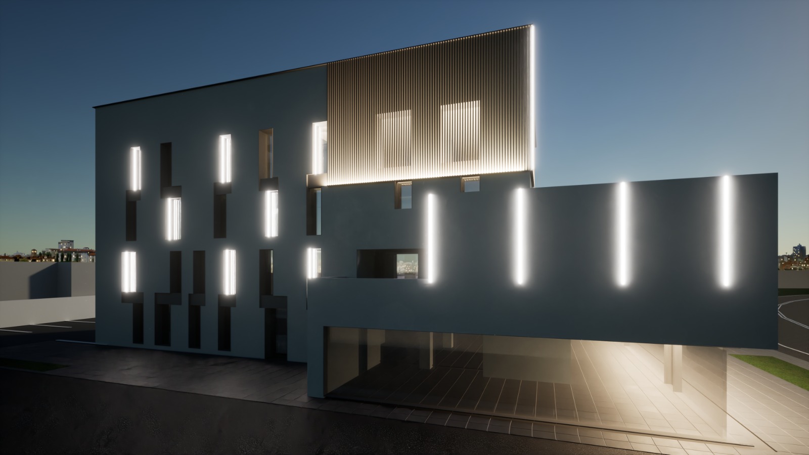 Prospetto laterale notturno con illuminazione LED uffici Frescobaldi a Vicenza