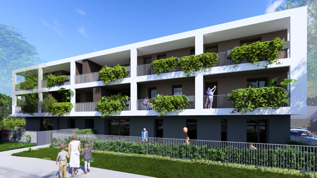 Rendering facciata Le Logge a Dueville con famiglia che passeggia